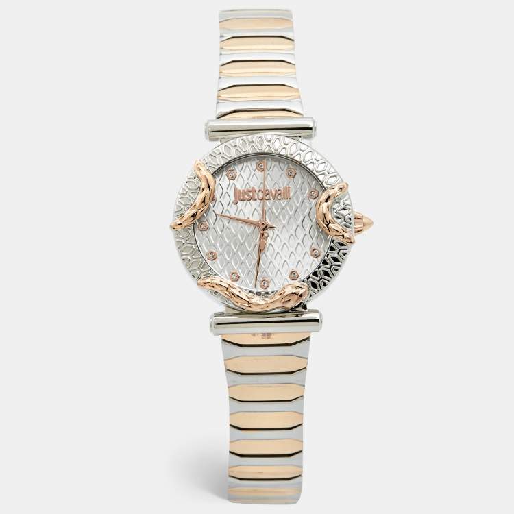 Pre Owned Just Cavalli Silver Two Tone Stainless Steel Animalier JC1L234M0265 Women's Wristwatch 32 mm