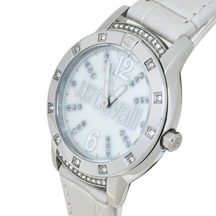 Pre Owned Roberto Cavalli Mother Of Pearl Stainless Steel Leather R7251161545 Women's Wristwatch 34 mm