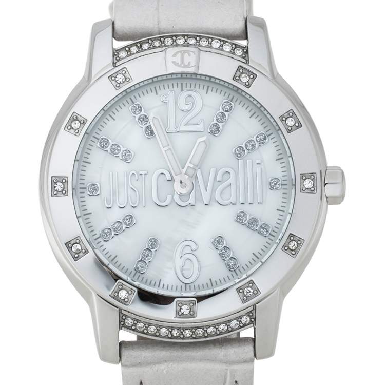 Pre Owned Roberto Cavalli Mother Of Pearl Stainless Steel Leather R7251161545 Women's Wristwatch 34 mm