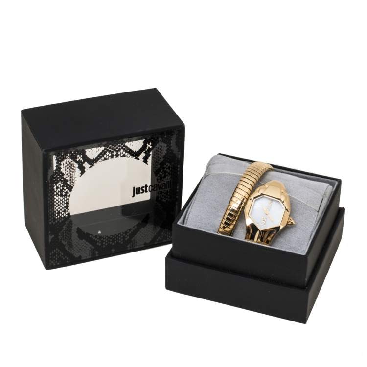 Pre Owned Just Cavalli Mother Of Pearl Yellow Gold Plated Stainless Steel Serpent JC1L001M0026 Women's Wristwatch 22 mm