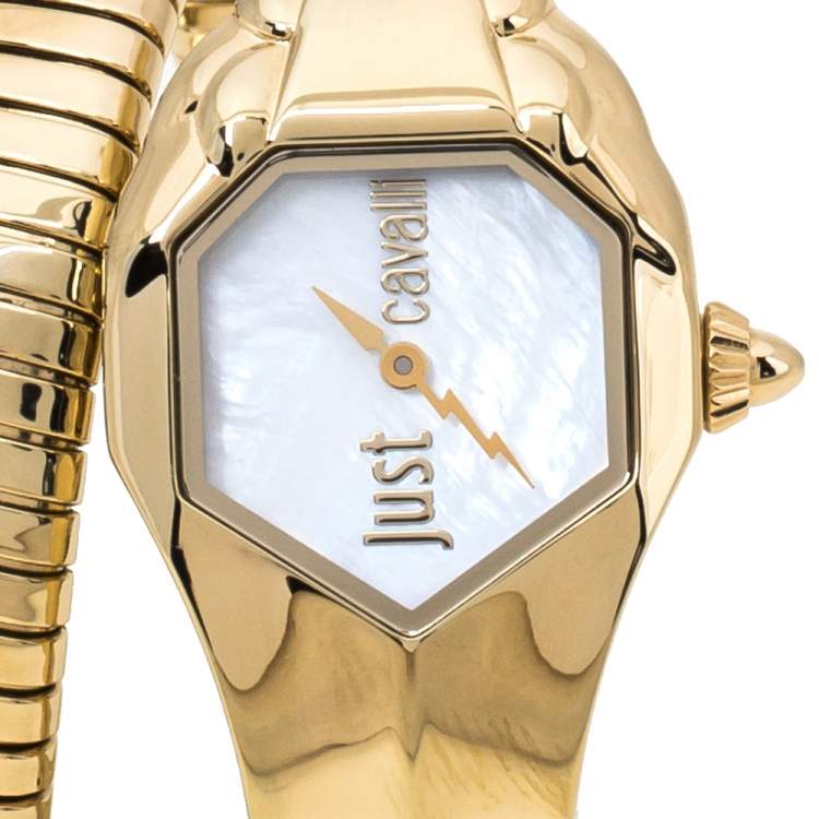 Pre Owned Just Cavalli Mother Of Pearl Yellow Gold Plated Stainless Steel Serpent JC1L001M0026 Women's Wristwatch 22 mm