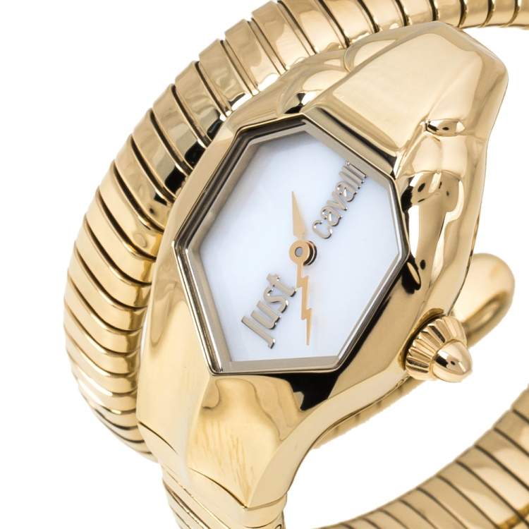 Pre Owned Just Cavalli Mother Of Pearl Yellow Gold Plated Stainless Steel Serpent JC1L001M0026 Women's Wristwatch 22 mm