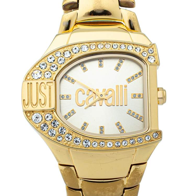 Pre Owned Just Cavalli Champagne Yellow Gold Tone Stainless Steel R7253160501 Women's Wristwatch 35 mm