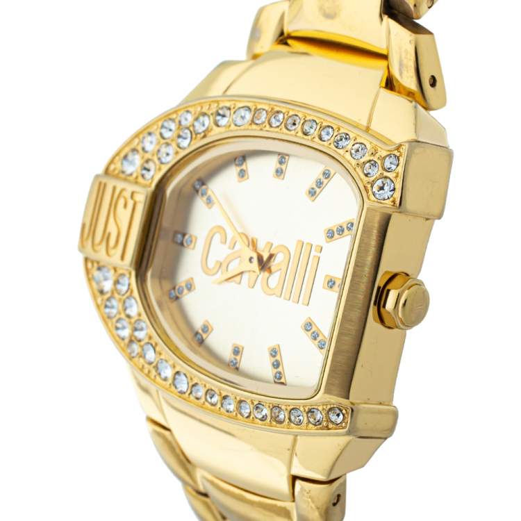 Pre Owned Just Cavalli Champagne Yellow Gold Tone Stainless Steel R7253160501 Women's Wristwatch 35 mm