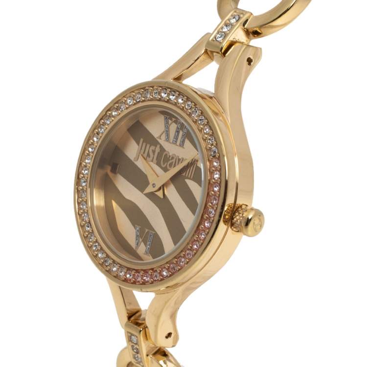Pre Owned Just Cavalli Yellow Gold Tone Stainless Steel Crystal Embellished 7253603501 Women's Wristwatch 30 mm