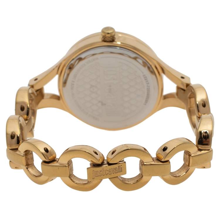 Pre Owned Just Cavalli Yellow Gold Tone Stainless Steel Crystal Embellished 7253603501 Women's Wristwatch 30 mm