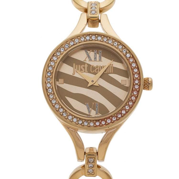 Pre Owned Just Cavalli Yellow Gold Tone Stainless Steel Crystal Embellished 7253603501 Women's Wristwatch 30 mm