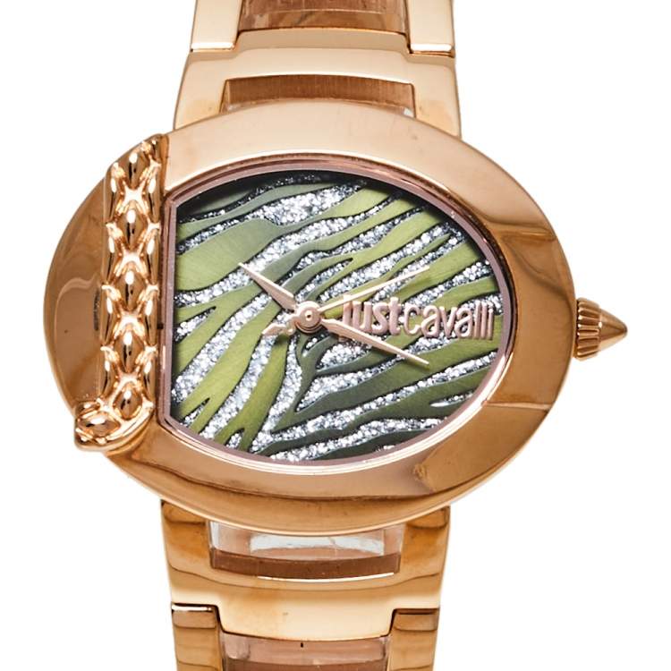 Pre Owned Just Cavalli Green Gold Tone Stainless Steel 1L109 Animal Quartz Women's Wristwatch 33MM