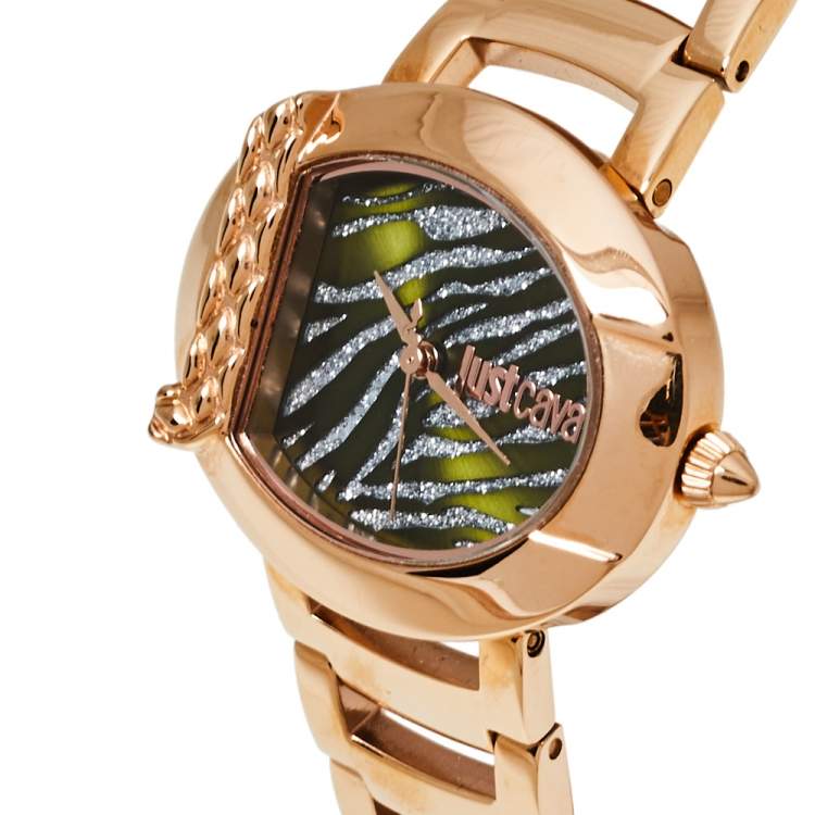 Pre Owned Just Cavalli Green Gold Tone Stainless Steel 1L109 Animal Quartz Women's Wristwatch 33MM