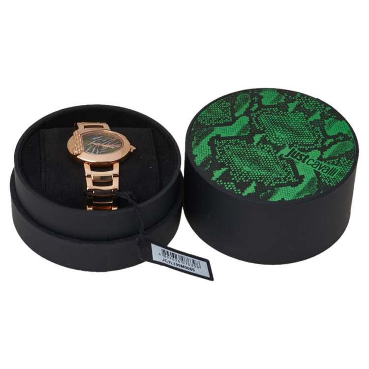 Pre Owned Just Cavalli Green Gold Tone Stainless Steel 1L109 Animal Quartz Women's Wristwatch 33MM