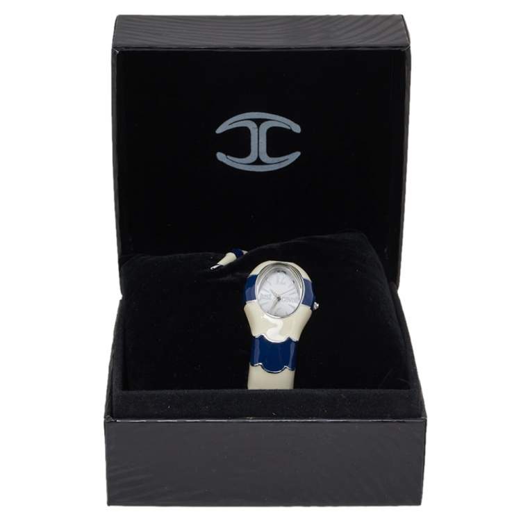 Pre Owned Just Cavalli Silver Enamel Stainless Steel Snake Bracelet Poison Women's Wristwatch 27 mm