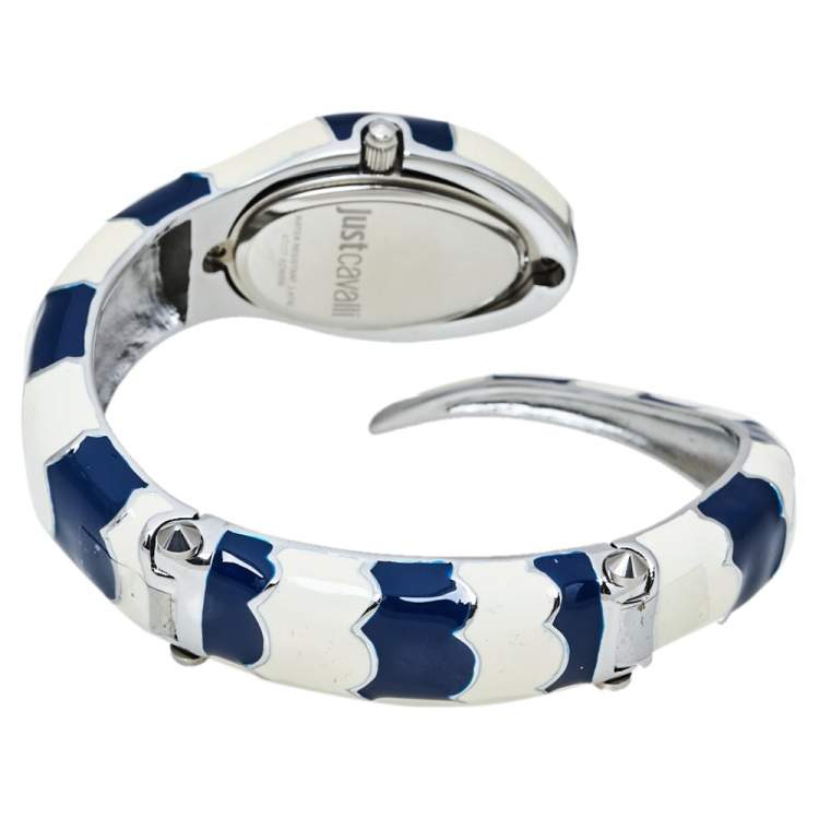 Pre Owned Just Cavalli Silver Enamel Stainless Steel Snake Bracelet Poison Women's Wristwatch 27 mm
