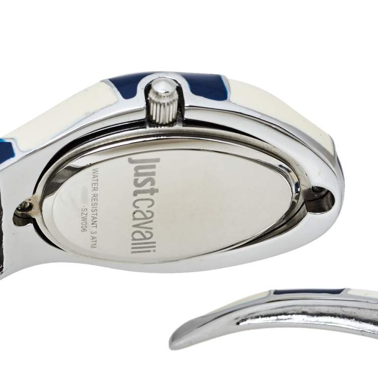 Pre Owned Just Cavalli Silver Enamel Stainless Steel Snake Bracelet Poison Women's Wristwatch 27 mm