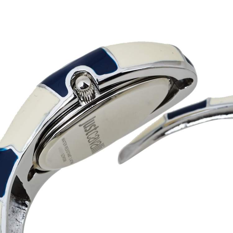 Pre Owned Just Cavalli Silver Enamel Stainless Steel Snake Bracelet Poison Women's Wristwatch 27 mm