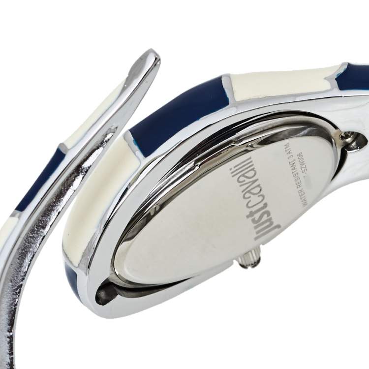 Pre Owned Just Cavalli Silver Enamel Stainless Steel Snake Bracelet Poison Women's Wristwatch 27 mm