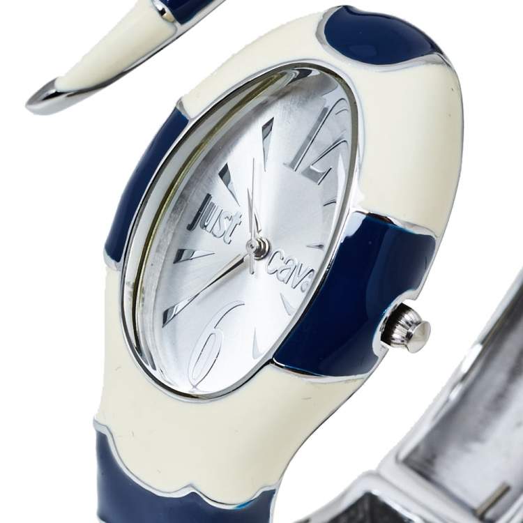 Pre Owned Just Cavalli Silver Enamel Stainless Steel Snake Bracelet Poison Women's Wristwatch 27 mm