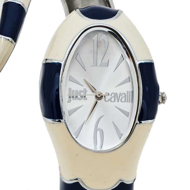Pre Owned Just Cavalli Silver Enamel Stainless Steel Snake Bracelet Poison Women's Wristwatch 27 mm