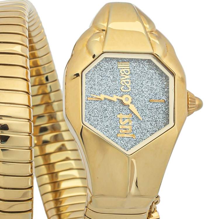 Pre Owned Just Cavalli Glitter Silver Yellow Gold Plated Stainless Steel Serpent JC1L001M0135 Women's Wristwatch 35mm