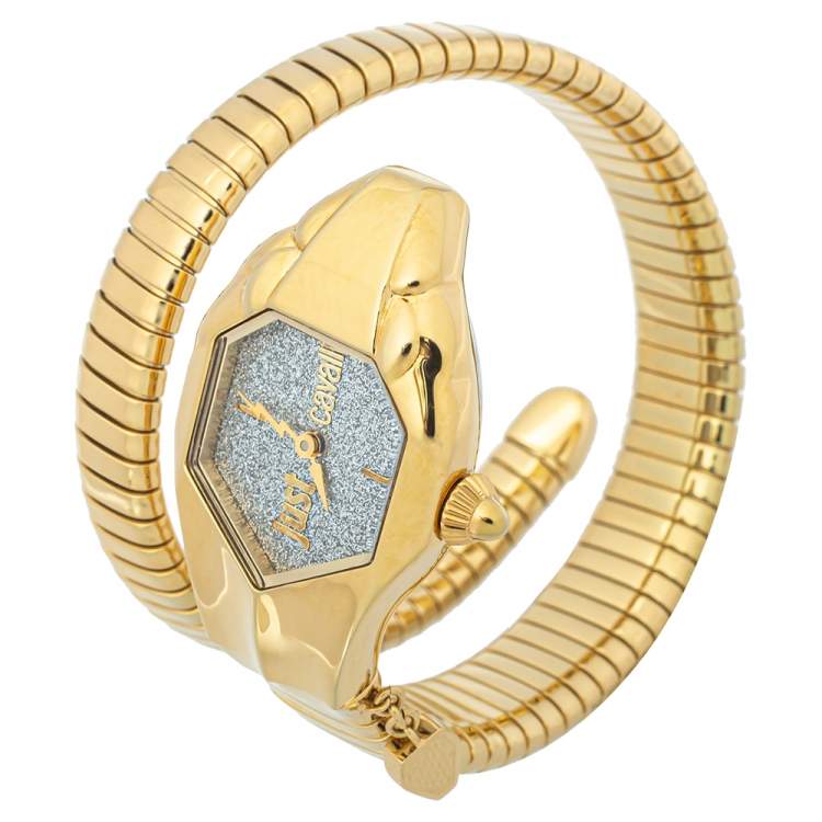Pre Owned Just Cavalli Glitter Silver Yellow Gold Plated Stainless Steel Serpent JC1L001M0135 Women's Wristwatch 35mm