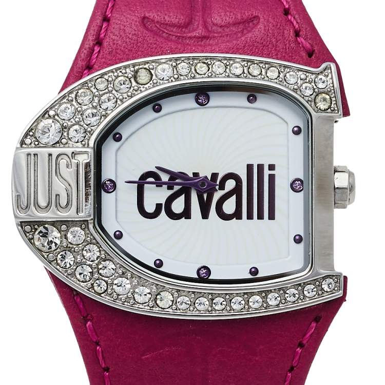 Pre Owned Just Cavalli White Stainless Steel Leather R7251160502 Women's Wristwatch 36 mm