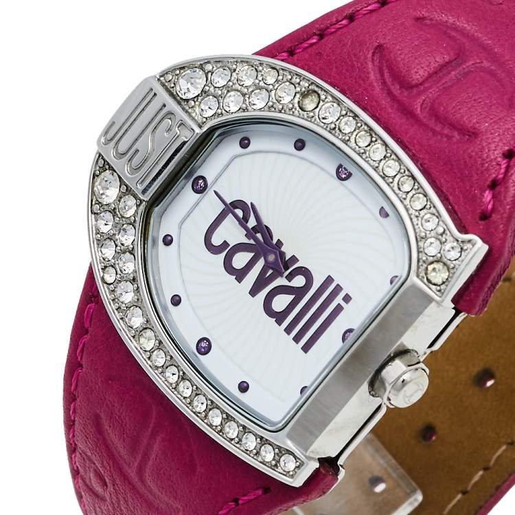 Pre Owned Just Cavalli White Stainless Steel Leather R7251160502 Women's Wristwatch 36 mm