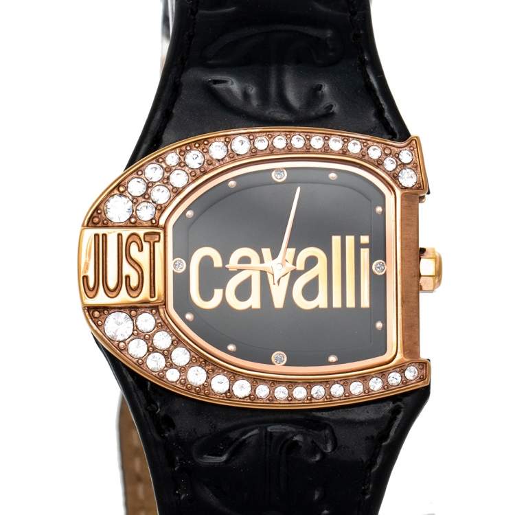 Pre Owned Just Cavalli Black Rose Gold Plated Stainless Steel JC Logo 2H 7251160525 Women's Wristwatch 35 mm