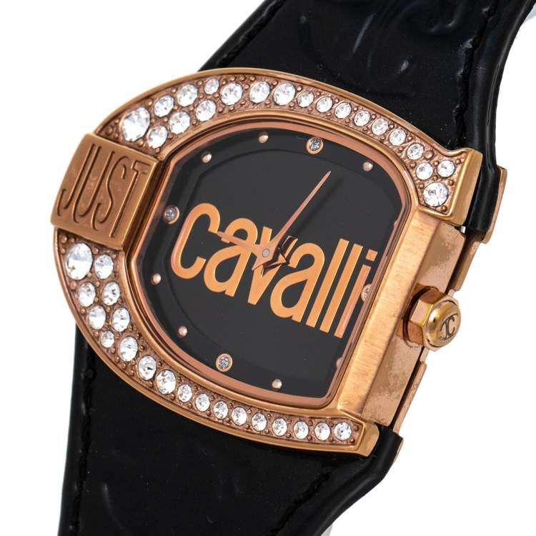Pre Owned Just Cavalli Black Rose Gold Plated Stainless Steel JC Logo 2H 7251160525 Women's Wristwatch 35 mm