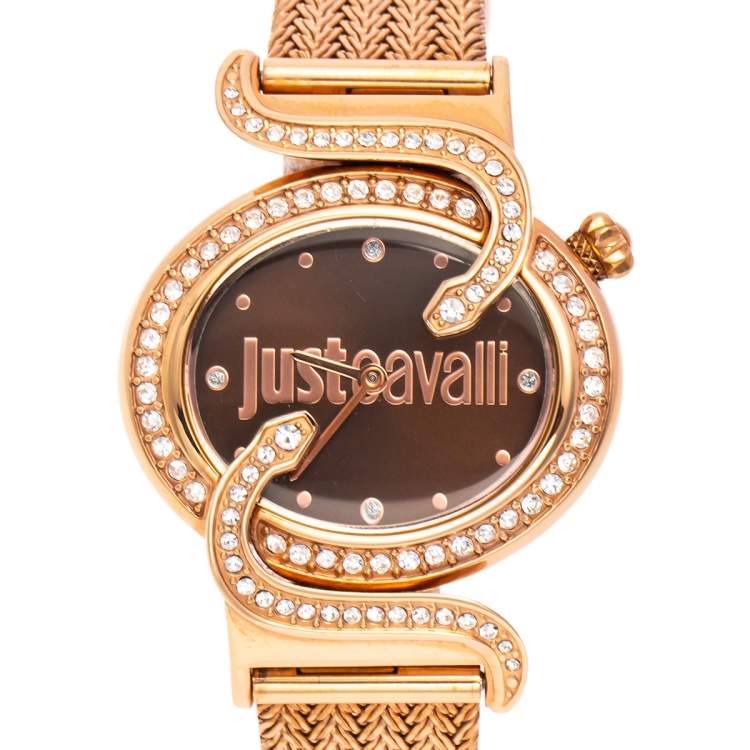 Pre Owned Just Cavalli Brown Rose Gold Tone Stainless Steel Sin 7253591506 Women's Wristwatch 35 mm