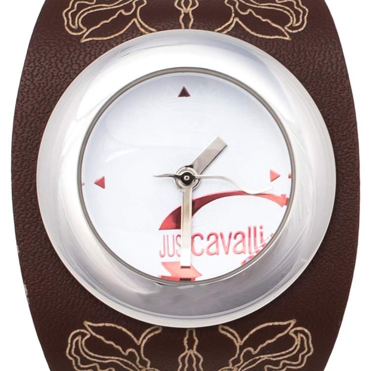 Pre Owned Just Cavalli White Stainless Steel Leather R7251575545 Women's Wristwatch 31 mm