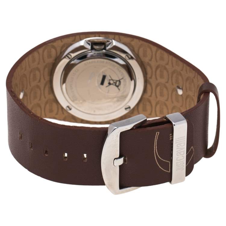 Pre Owned Just Cavalli White Stainless Steel Leather R7251575545 Women's Wristwatch 31 mm