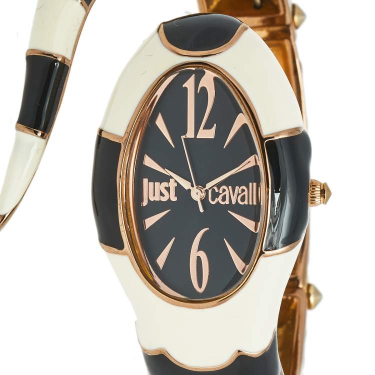 Pre Owned Just Cavalli Black Enamel & Rose Gold Tone Metal Poison 7253153506 Women's Wristwatch 27 mm
