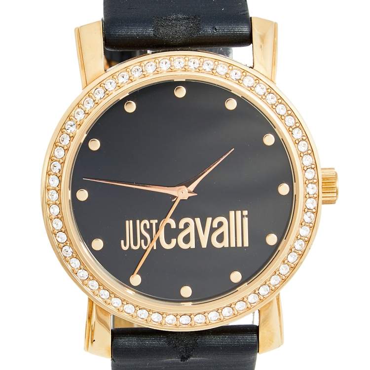 Pre Owned Just Cavalli Black Rose Gold Plated Stainless Steel Satin Moon R7251103625 Women's Wristwatch 38 mm