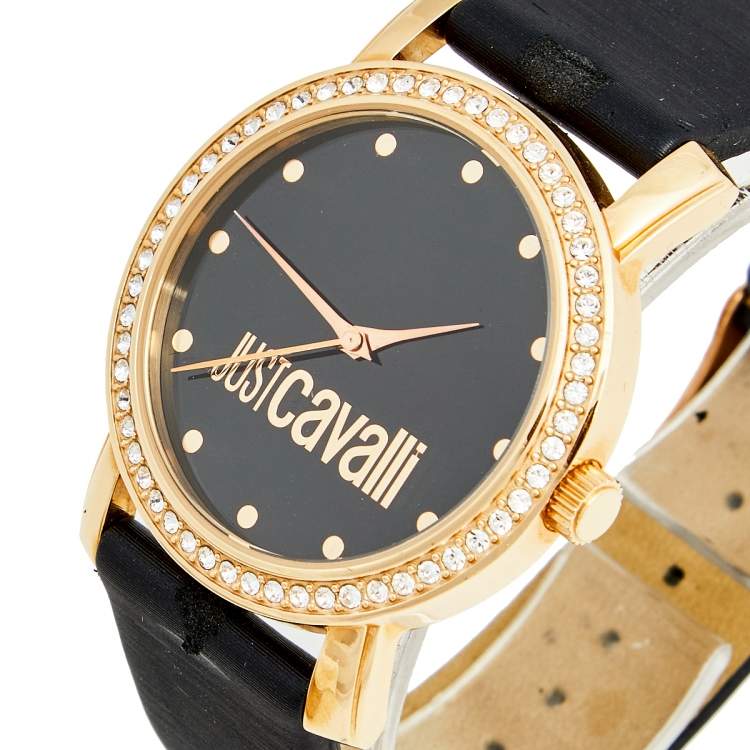 Pre Owned Just Cavalli Black Rose Gold Plated Stainless Steel Satin Moon R7251103625 Women's Wristwatch 38 mm