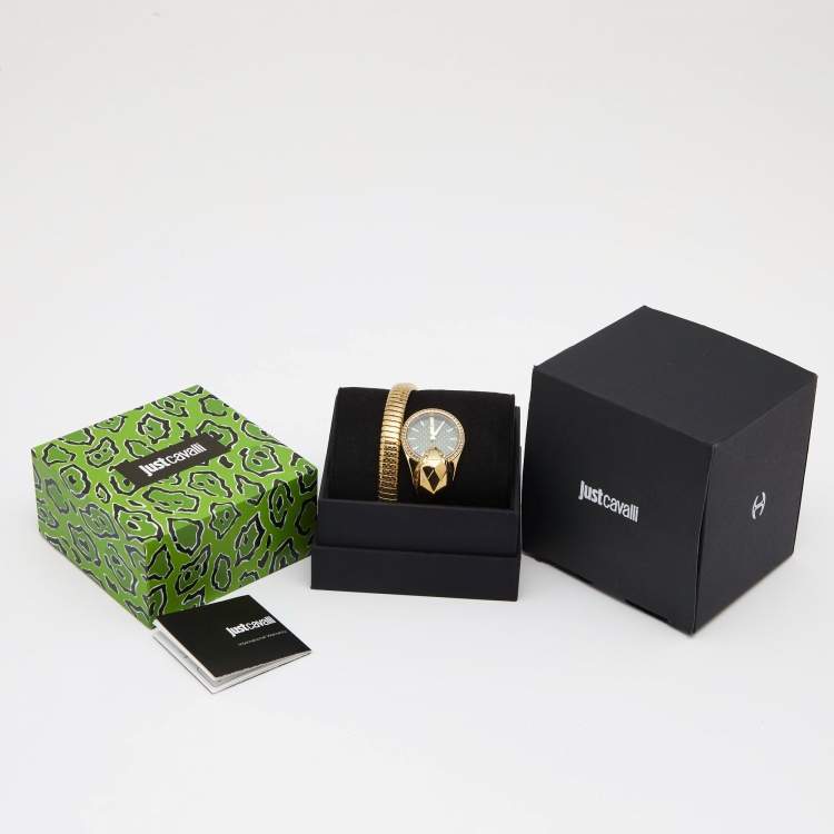 Pre Owned Just Cavalli Green Gold Plated Stainless Steel JC1L067M0035 Women's Wristwatch 26 mm