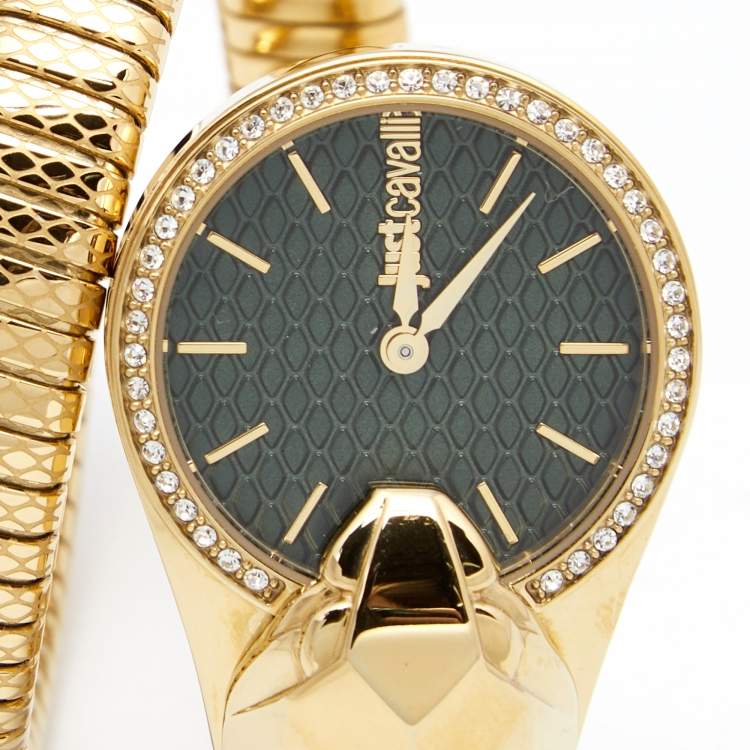 Pre Owned Just Cavalli Green Gold Plated Stainless Steel JC1L067M0035 Women's Wristwatch 26 mm