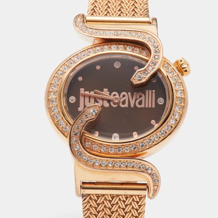 Pre Owned Just Cavalli Brown Rose Gold Tone Stainless Steel Sin 7253591506 Women's Wristwatch 35 mm