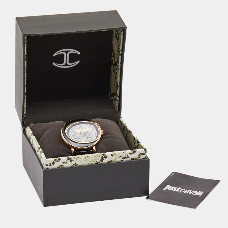 مملوكة مسبقًا Just Cavalli Black Rose Gold Plated Stainless Steel Leather Lac R7251186505 Women's Wristwatch 42 mm