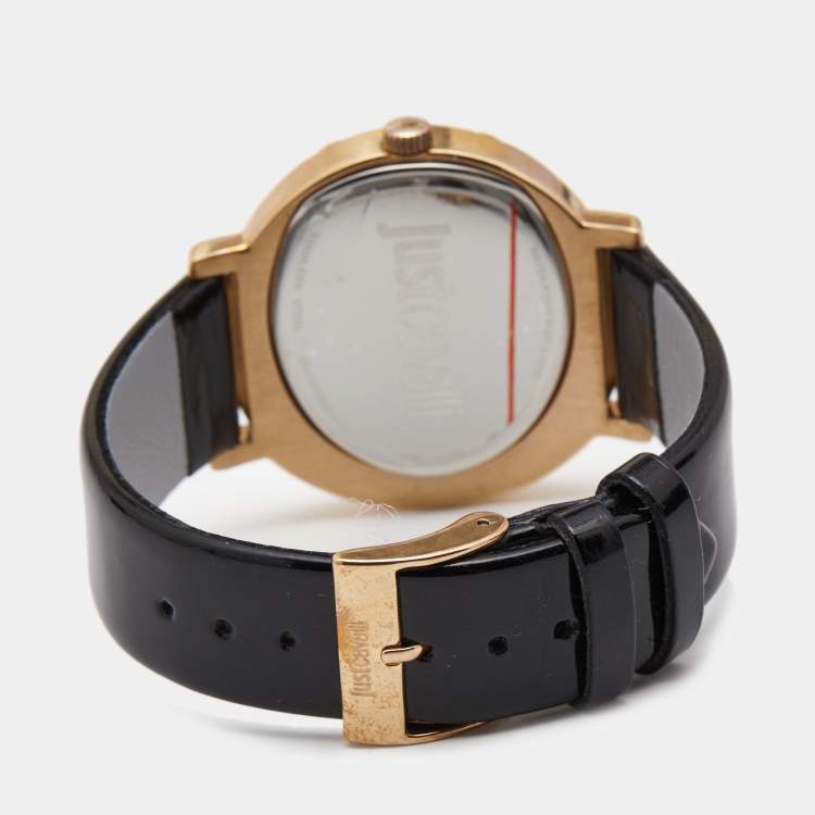 مملوكة مسبقًا Just Cavalli Black Rose Gold Plated Stainless Steel Leather Lac R7251186505 Women's Wristwatch 42 mm