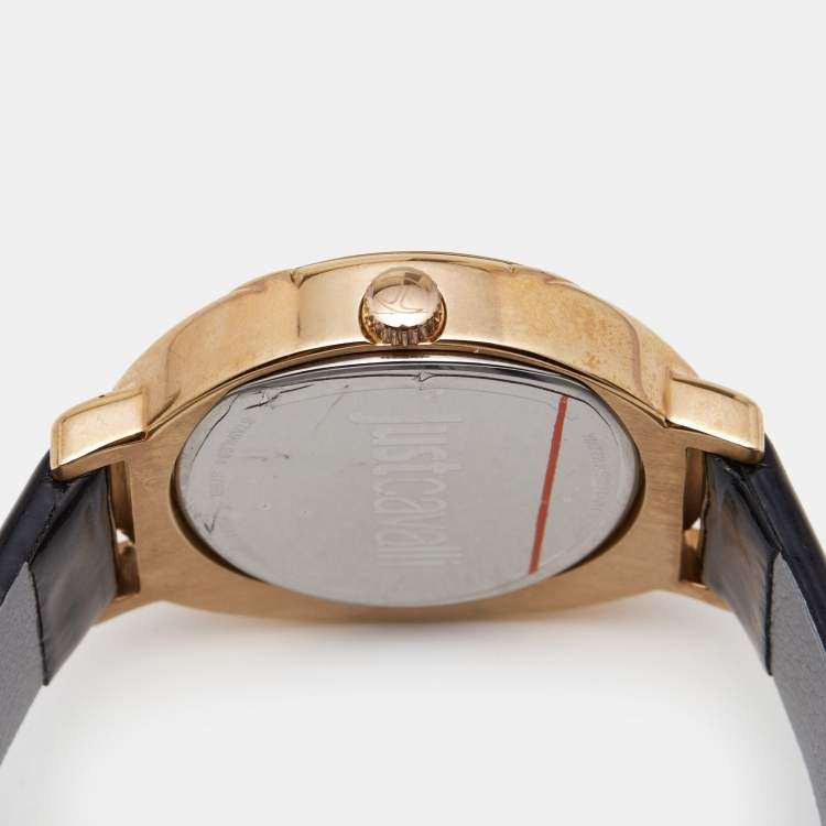 مملوكة مسبقًا Just Cavalli Black Rose Gold Plated Stainless Steel Leather Lac R7251186505 Women's Wristwatch 42 mm