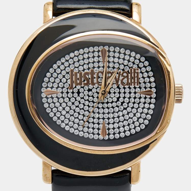 مملوكة مسبقًا Just Cavalli Black Rose Gold Plated Stainless Steel Leather Lac R7251186505 Women's Wristwatch 42 mm