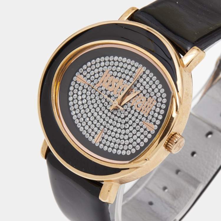 مملوكة مسبقًا Just Cavalli Black Rose Gold Plated Stainless Steel Leather Lac R7251186505 Women's Wristwatch 42 mm