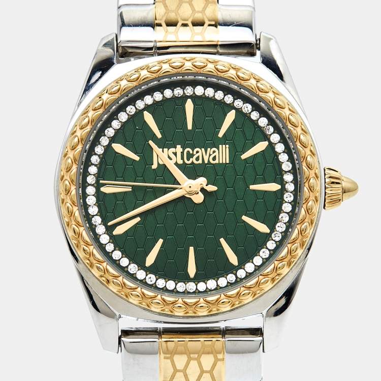 Pre Owned Just Cavalli Green Two Tone Stainless Steel Glam JC1L239M0105 Women's Wristwatch 30 mm 