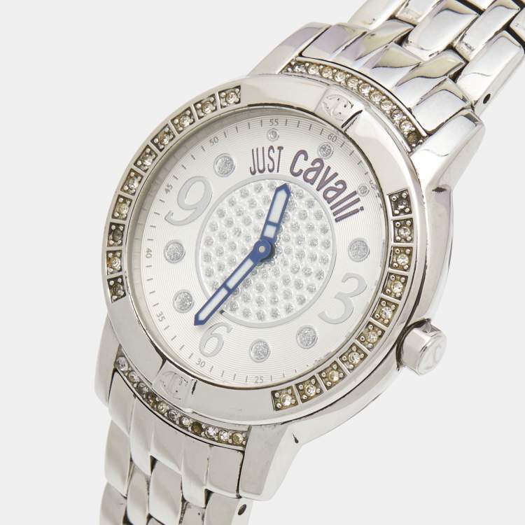 Pre Owned Just Cavalli Silver Crystal Embellished Stainless Steel R7253161515 Women's Wristwatch 34 mm