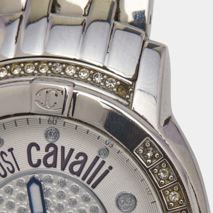 Pre Owned Just Cavalli Silver Crystal Embellished Stainless Steel R7253161515 Women's Wristwatch 34 mm