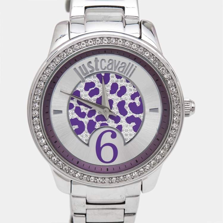 Pre Owned Just Cavalli Purple Silver Crystal Embellished Stainless Steel R7253196501 Women's Wristwatch 40 mm