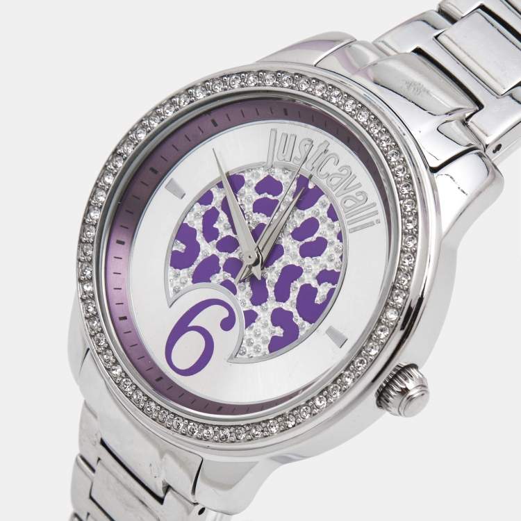 Pre Owned Just Cavalli Purple Silver Crystal Embellished Stainless Steel R7253196501 Women's Wristwatch 40 mm