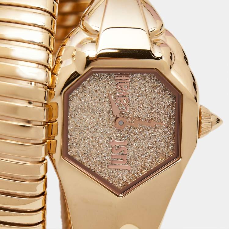 Pre Owned Just Cavalli Glittered Champagne Rose Gold Plated Stainless Steel Glam Chic JC1L115M0035 Women's Wristwatch 22 mm