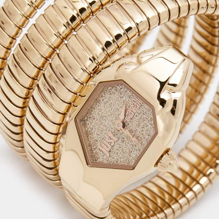 Pre Owned Just Cavalli Glittered Champagne Rose Gold Plated Stainless Steel Glam Chic JC1L115M0035 Women's Wristwatch 22 mm