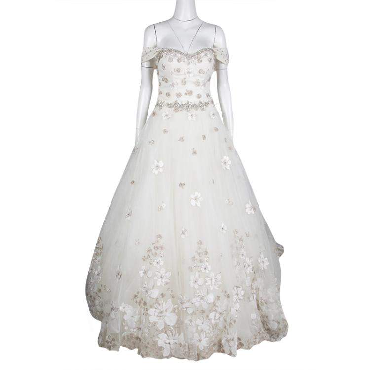 مملوكة مسبقًا Justin Alexander Signature White Off Shoulder Floral Embroidered Embellished Tulle Wedding Gown M