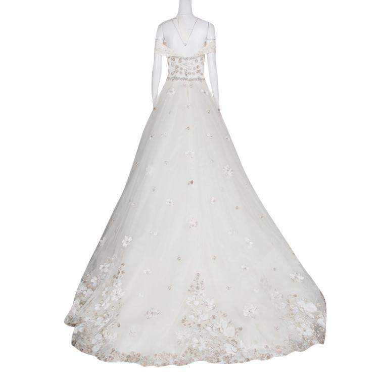مملوكة مسبقًا Justin Alexander Signature White Off Shoulder Floral Embroidered Embellished Tulle Wedding Gown M